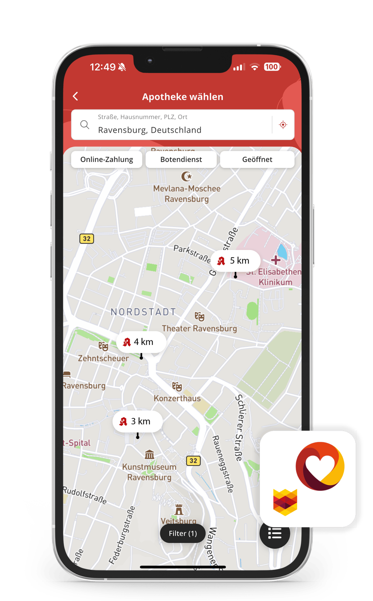 Kartenausschnitt der 'gesund daheim'-App der Schwäbische mit Apotheken in Ravensburg und Filteroptionen zur Auswahl.