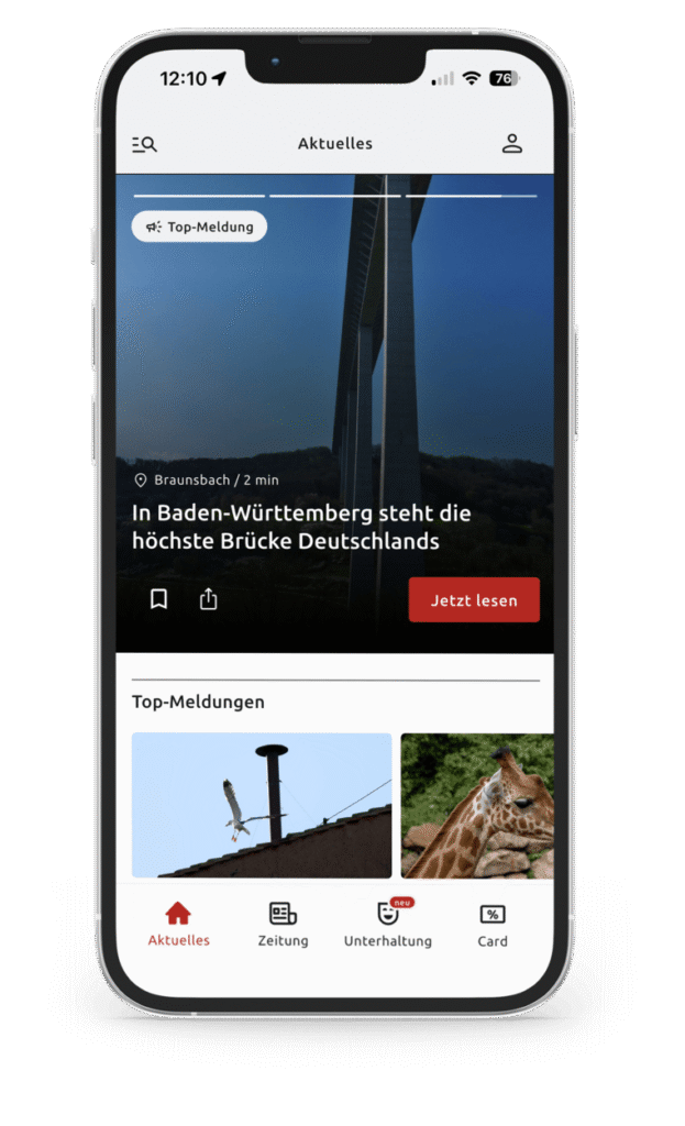 Startbildschirm der Schwäbische App mit Nachrichten, digitaler Zeitung, Rabatten, Rätseln und Filmen.