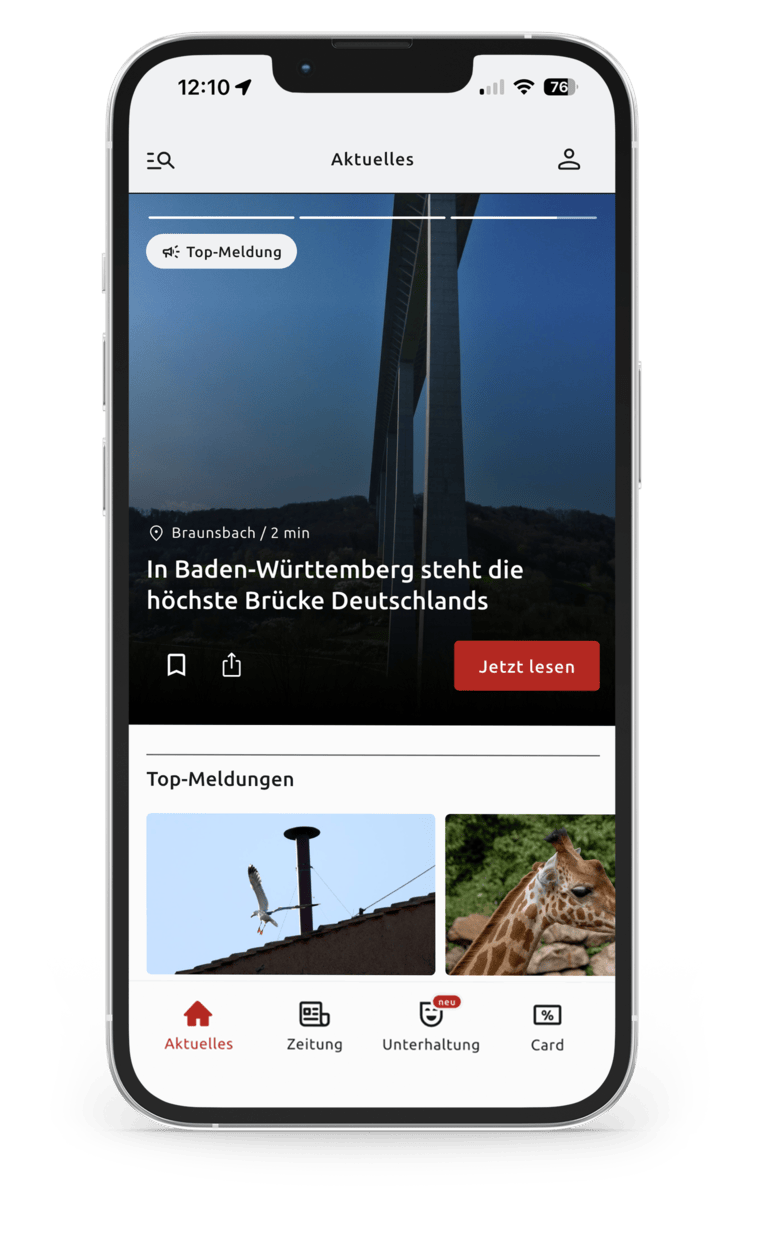 Startbildschirm der Schwäbische App mit Nachrichten, digitaler Zeitung, Rabatten, Rätseln und Filmen.