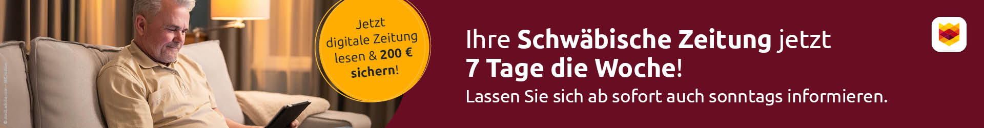 Mann liest digitale Sonntagszeitung am Tablet – jetzt Abo buchen und gratis Tablet oder 200 € Barprämie erhalten.
