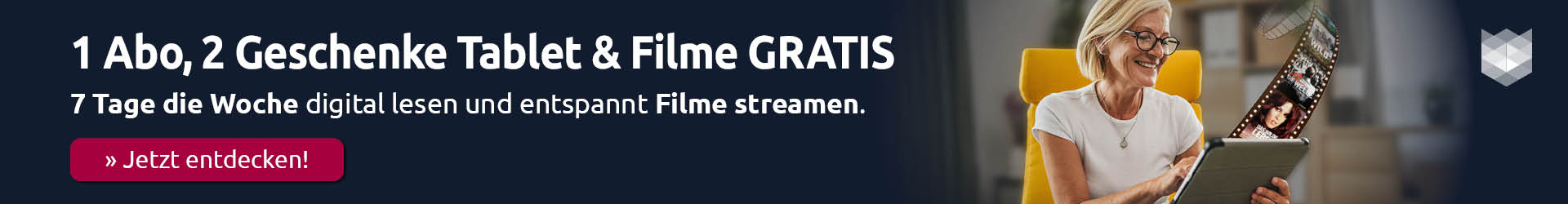 Frau schaut auf Tablet Filme in der Schwäbische App – jetzt Abo buchen und gratis Tablet oder 200 € Barprämie erhalten.
