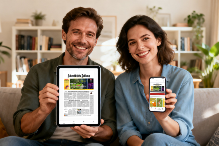 Ein Paar sitzt dem Sofa und liest die Schwäbische Zeitung und den Zollern-Alb-Kurier auf einem Tablet und Smartphone.